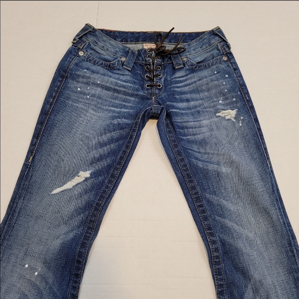 True Religion Blue Distressed Lace-Up Flare Jeans - Picture 12 of 12
